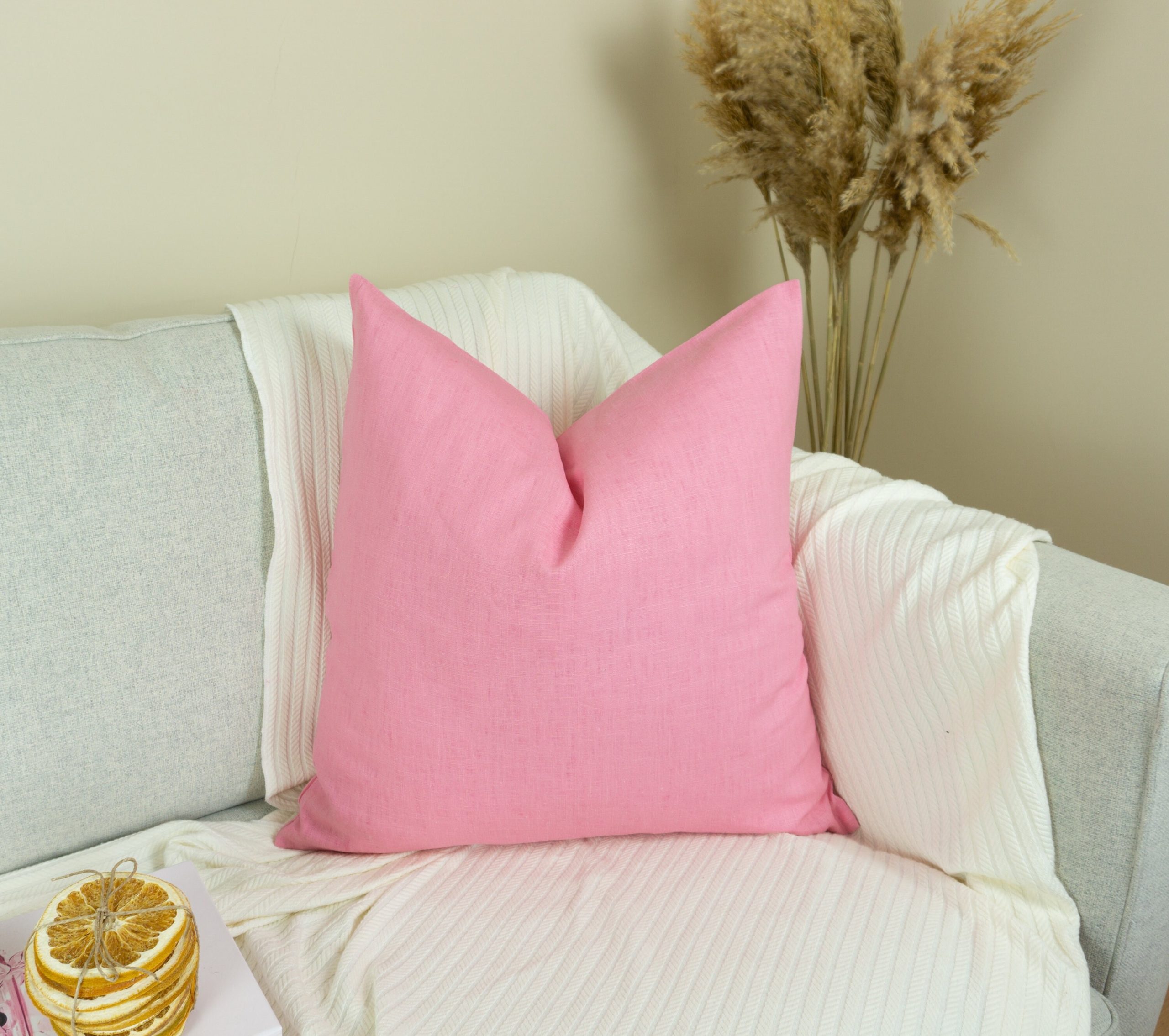 Natural Washed Linen Pink Pillow - Cushion Cover, Washed Linen Pink Pillowcase, (any Custom Size)