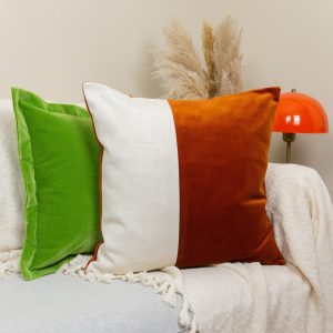 Velvet Burnt Orange Colourblock Cushion Cover For Home Decor Velvet Orange Cream Linen Cushion Cover (all Sizes)