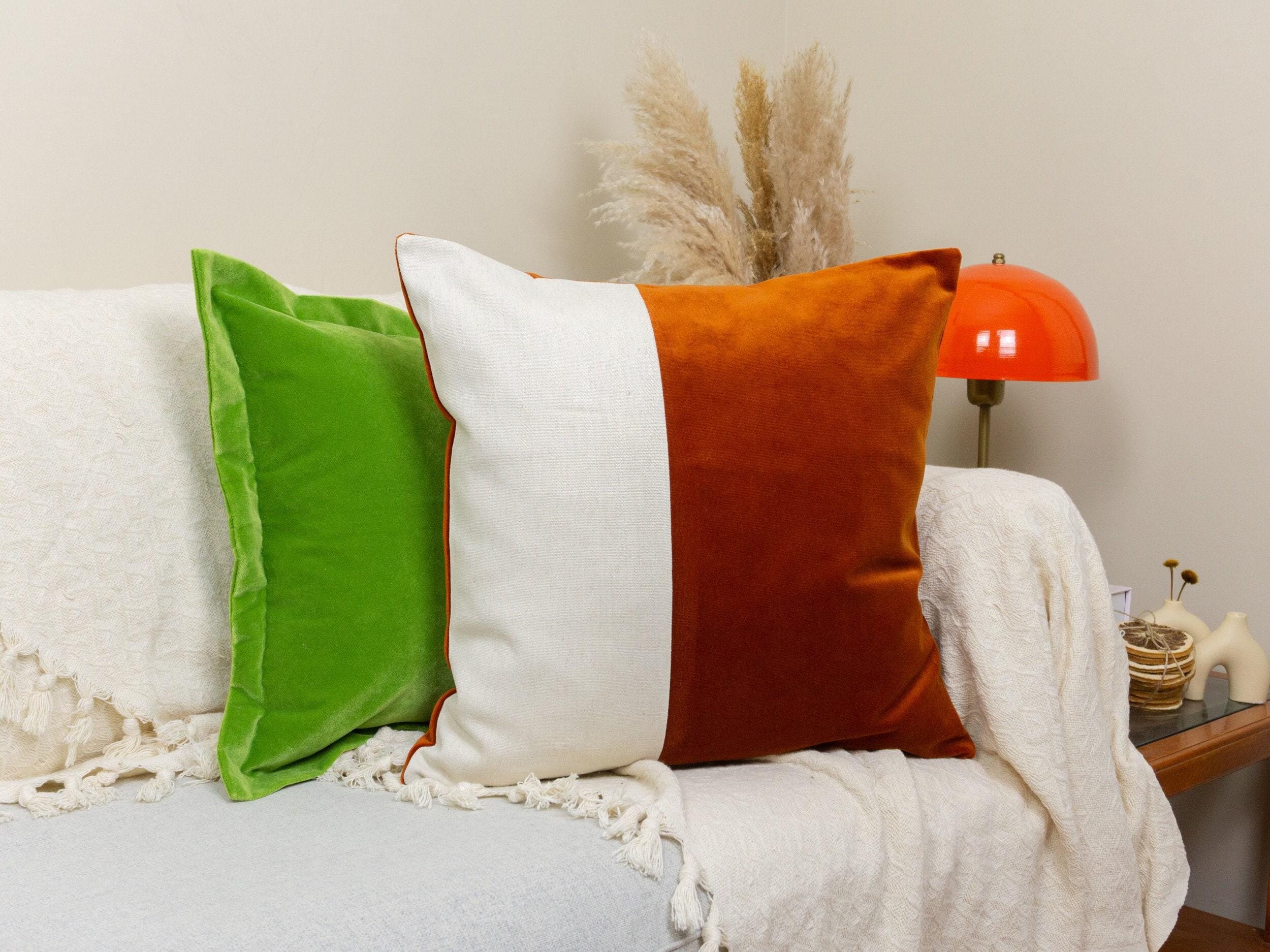 Velvet Burnt Orange Colourblock Cushion Cover For Home Decor Velvet Orange Cream Linen Cushion Cover (all Sizes)