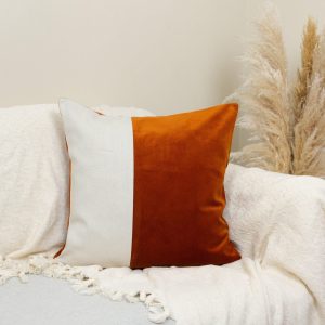 Velvet Burnt Orange Colourblock Cushion Cover For Home Decor Velvet Orange Cream Linen Cushion Cover (all Sizes)