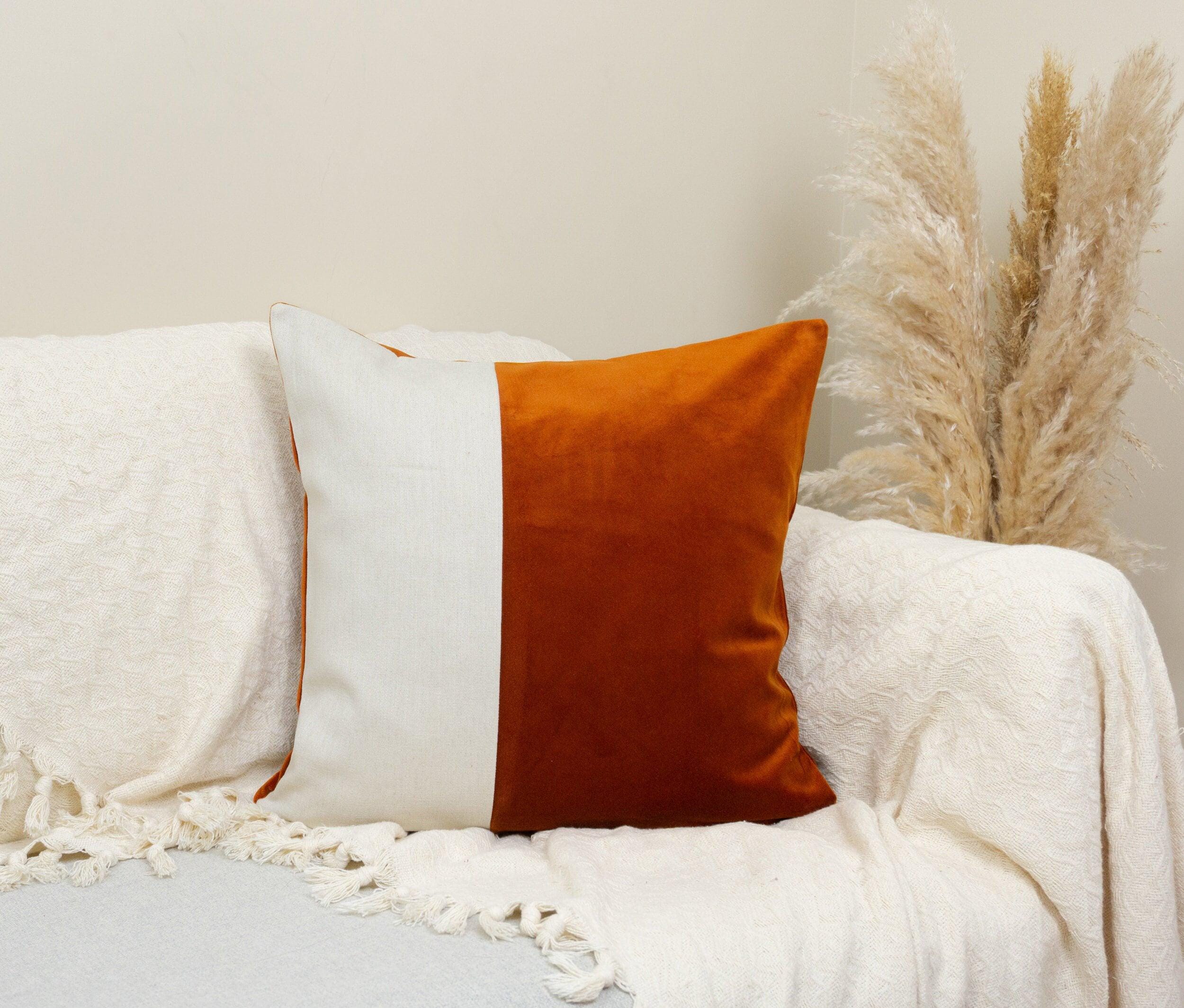 Velvet Burnt Orange Colourblock Cushion Cover For Home Decor Velvet Orange Cream Linen Cushion Cover (all Sizes)