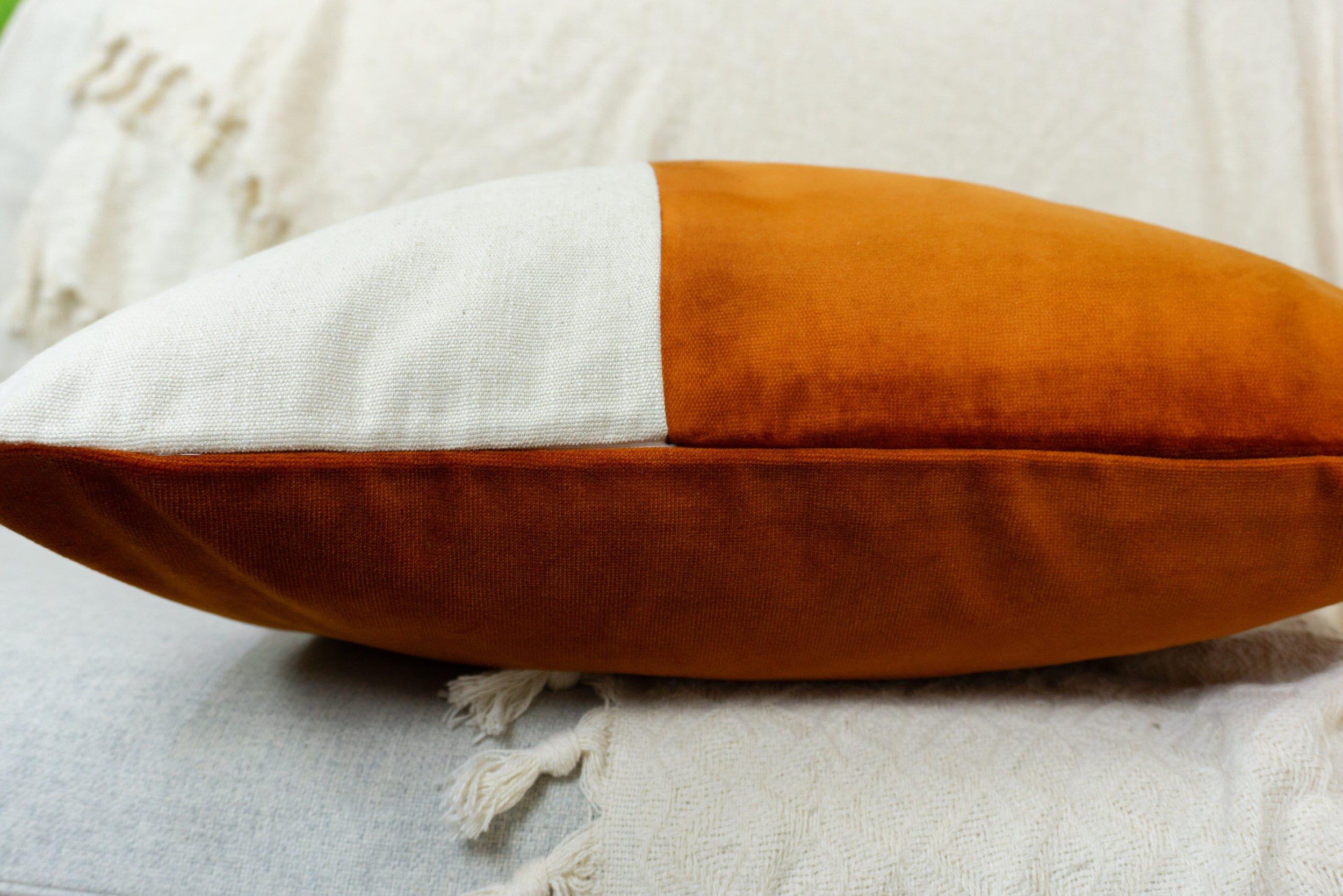 Velvet Burnt Orange Colourblock Cushion Cover For Home Decor Velvet Orange Cream Linen Cushion Cover (all Sizes)