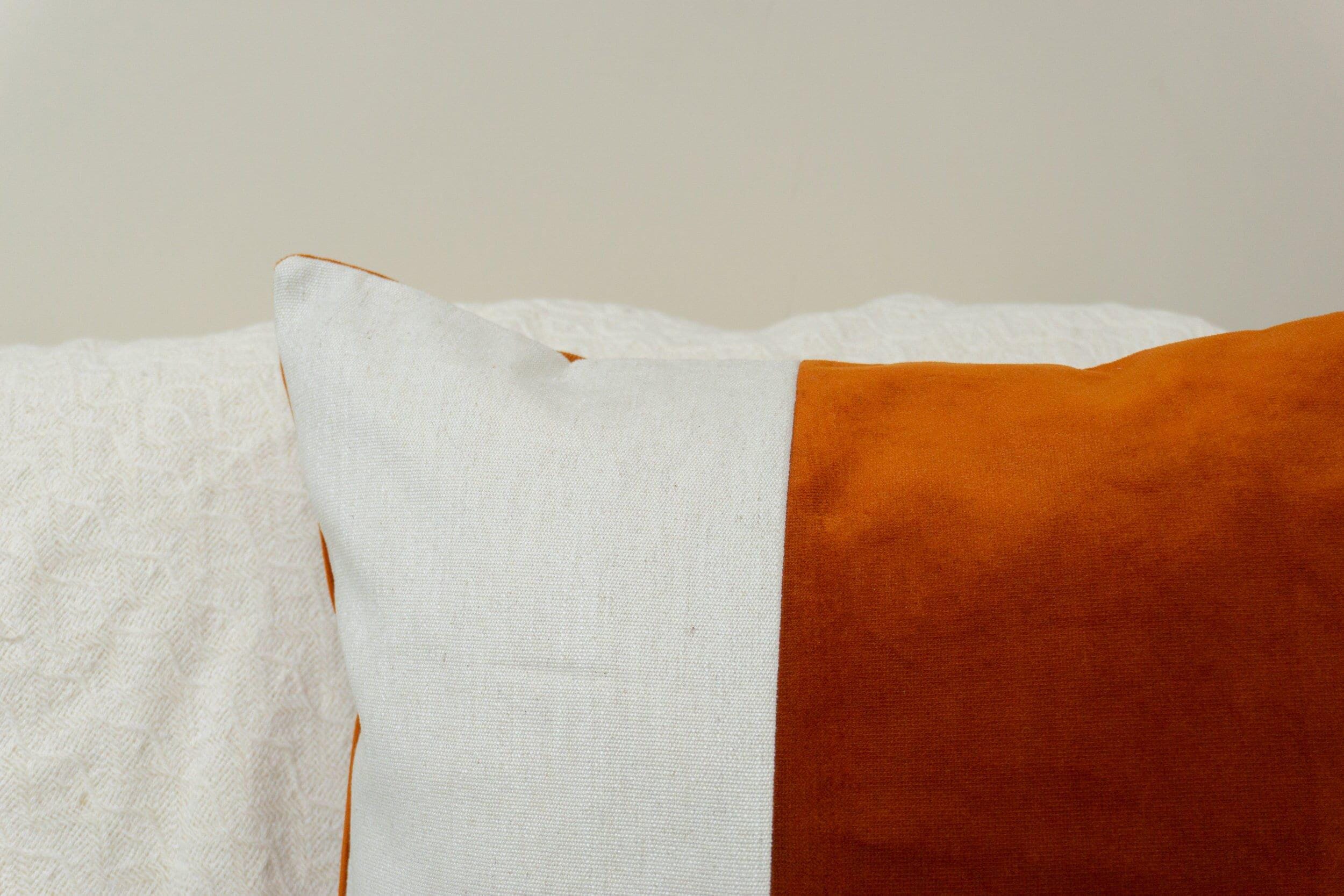 Velvet Burnt Orange Colourblock Cushion Cover For Home Decor Velvet Orange Cream Linen Cushion Cover (all Sizes)