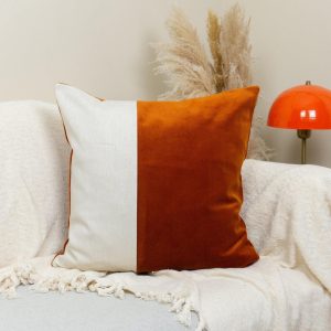 Velvet Burnt Orange Colourblock Cushion Cover For Home Decor Velvet Orange Cream Linen Cushion Cover (all Sizes)